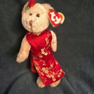 Ty Plush Bear in Elegant Red and Gold Dress
